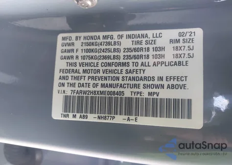 2021 Honda Cr-V Awd Ex-L z USA, uszkodzony, nr VIN 7FARW2H8XME008405